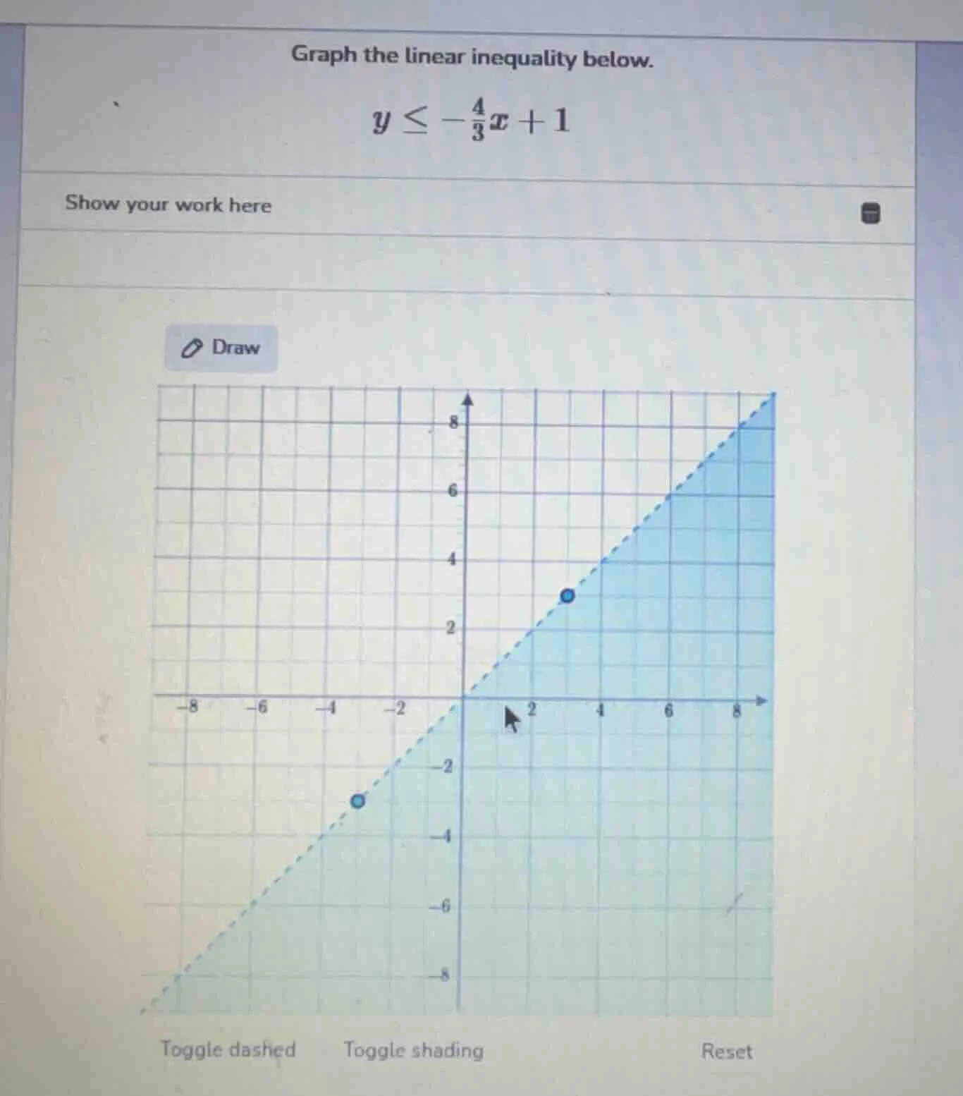 graph the linear inequality below. $y \\leq -\\frac{4}{3}x + 1$ show yo…