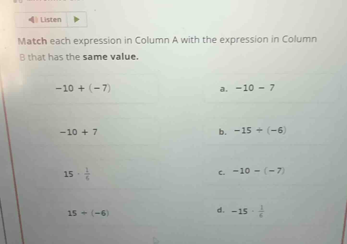 match each expression in column a with the expression in column b that …
