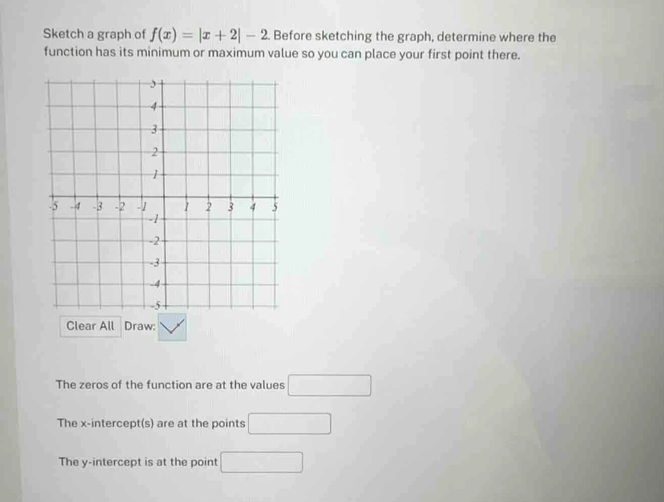 sketch a graph of $f(x)=|x + 2|-2$. before sketching the graph, determi…