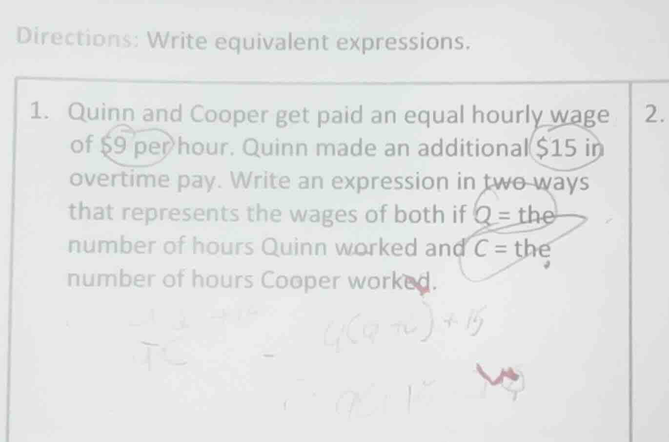 directions: write equivalent expressions. 1. quinn and cooper get paid …