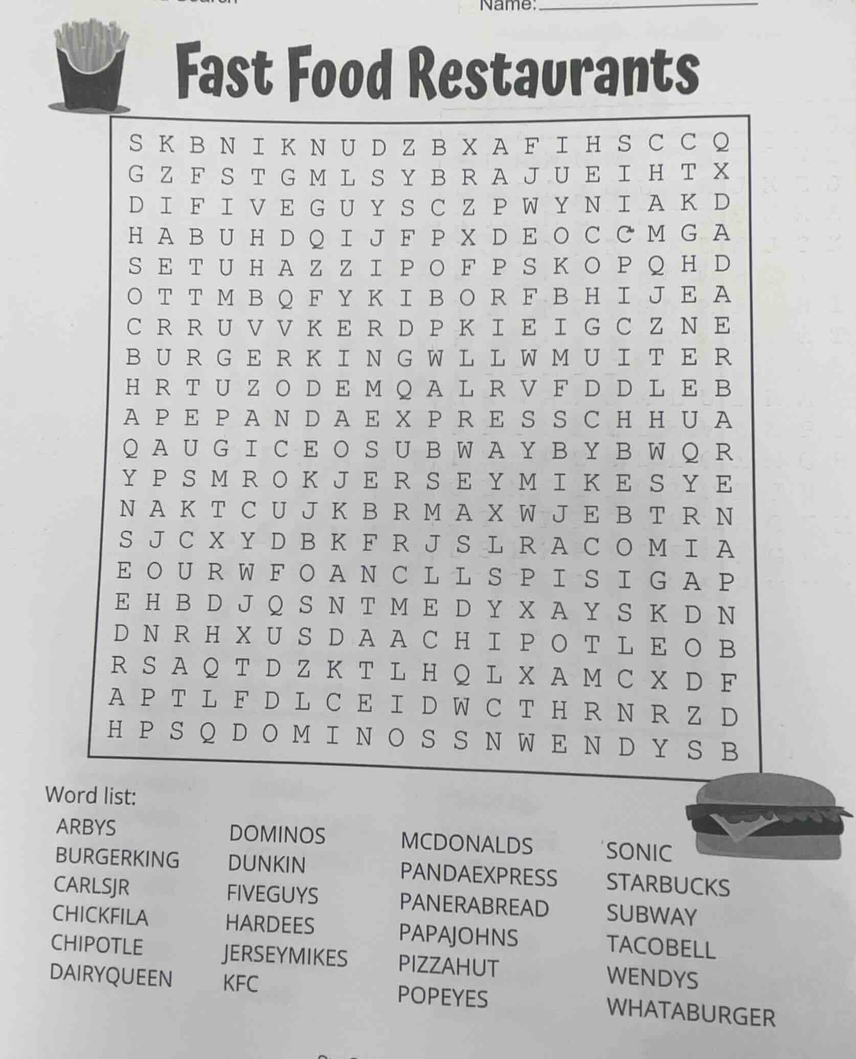 fast food restaurants word list: arbys dominos mcdonalds sonic burgerki…