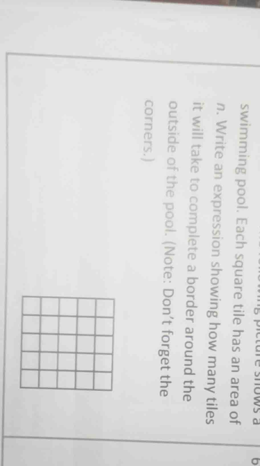 swimming pool. each square tile has an area of n. write an expression s…