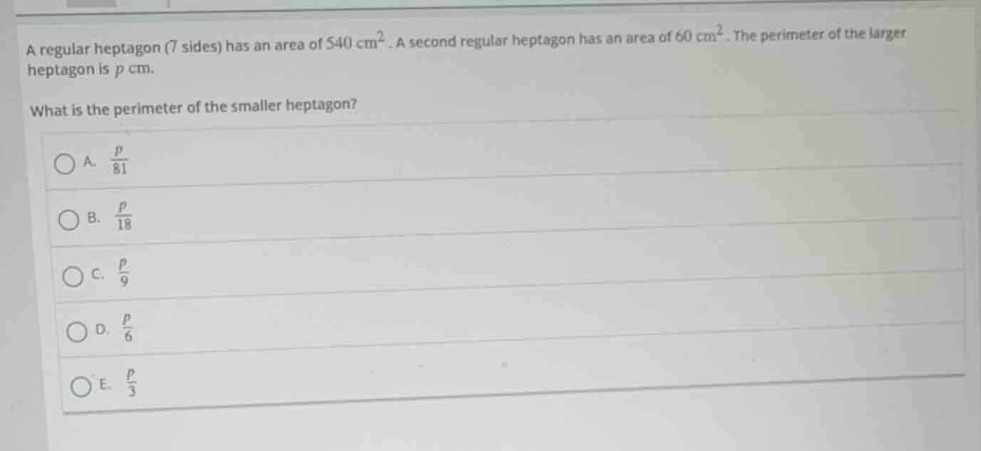 a regular heptagon (7 sides) has an area of $540\\ \\mathrm{cm}^2$. a s…