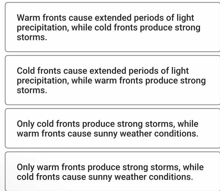warm fronts cause extended periods of light precipitation, while cold f…