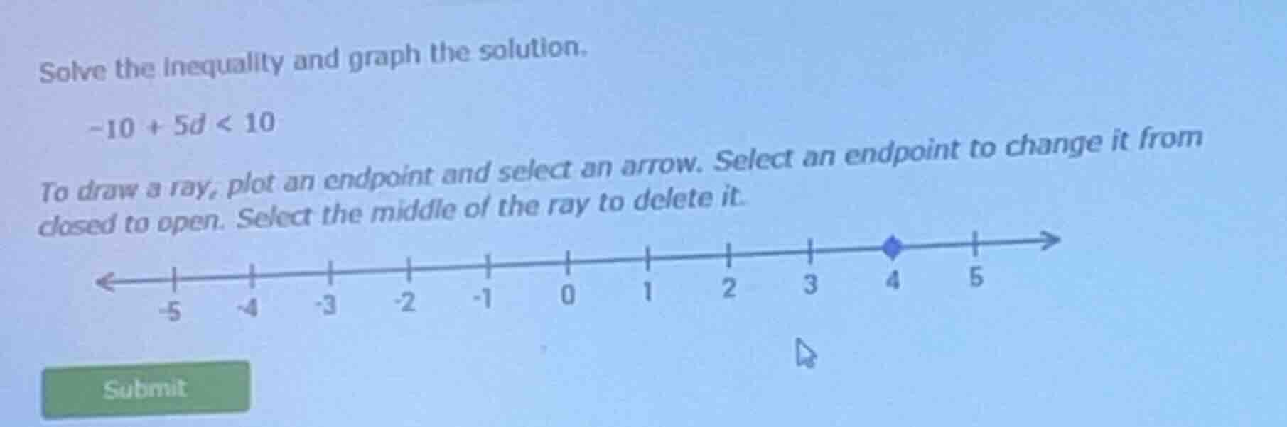 solve the inequality and graph the solution. -10 + 5d < 10 to draw a ra…