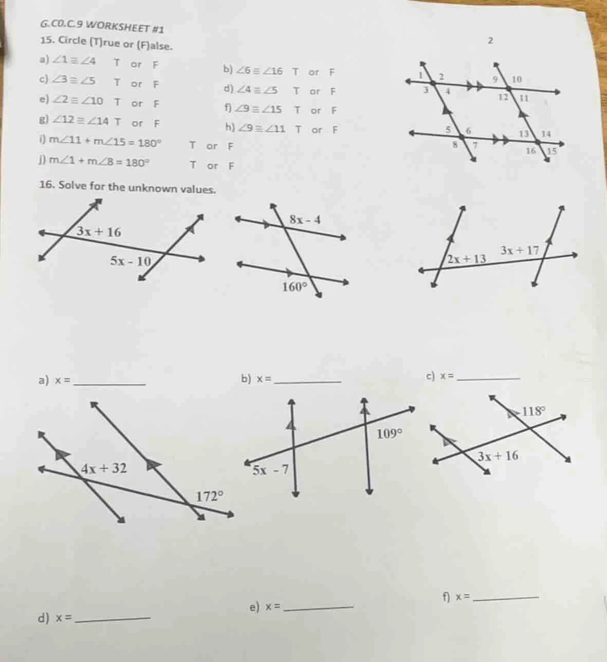 g.co.c.9 worksheet #1 15. circle (t)rue or (f)alse. a) $\\angle 1 \\con…