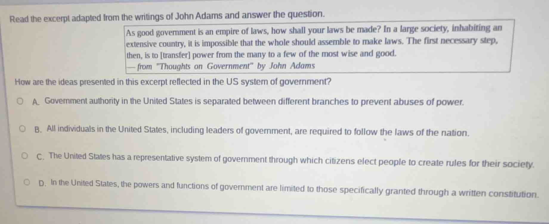 read the excerpt adapted from the writings of john adams and answer the…