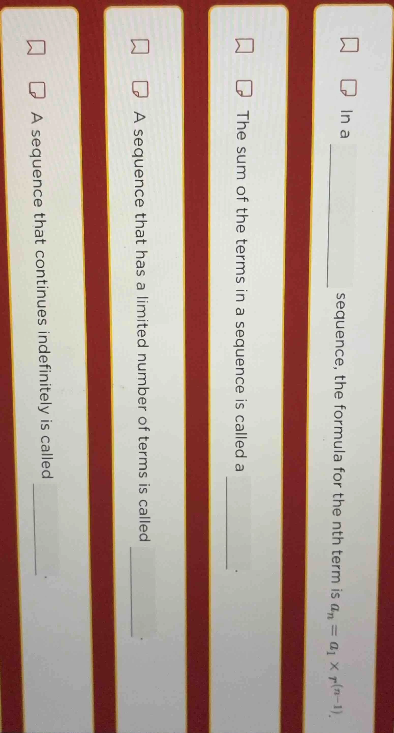 1. a sequence that continues indefinitely is called ______. 2. a sequen…