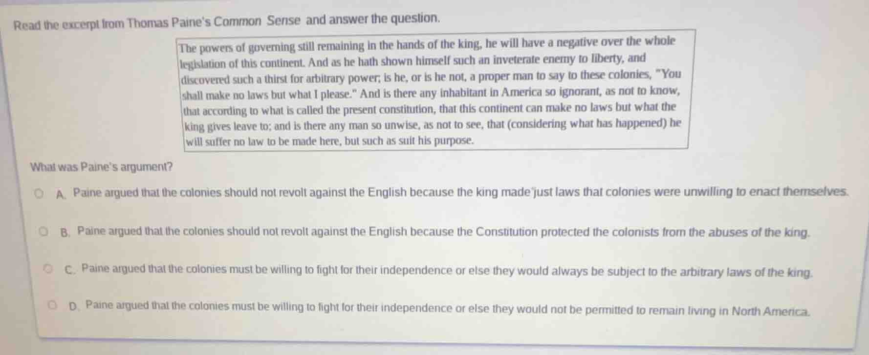 read the excerpt from thomas paine’s common sense and answer the questi…