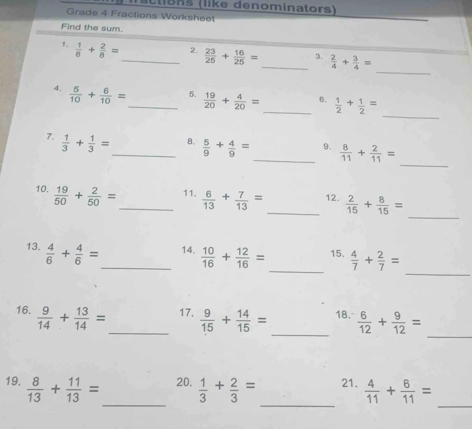 grade 4 fractions worksheet find the sum. 1. \\(\\frac{1}{8} + \\frac{2…