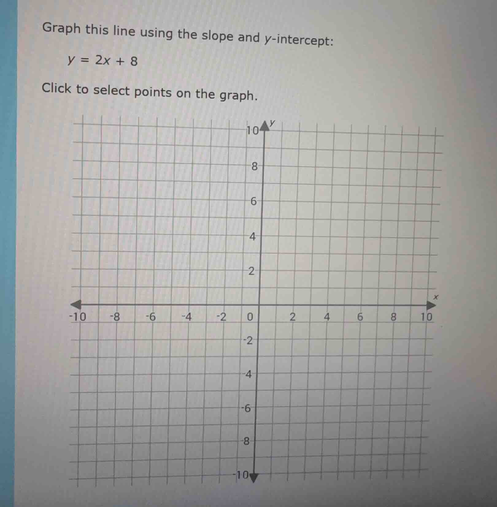 graph this line using the slope and y-intercept: y = 2x + 8 click to se…