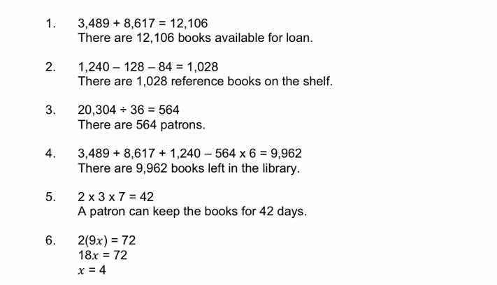 1. \\(3,489 + 8,617 = 12,106\\) there are 12,106 books available for lo…