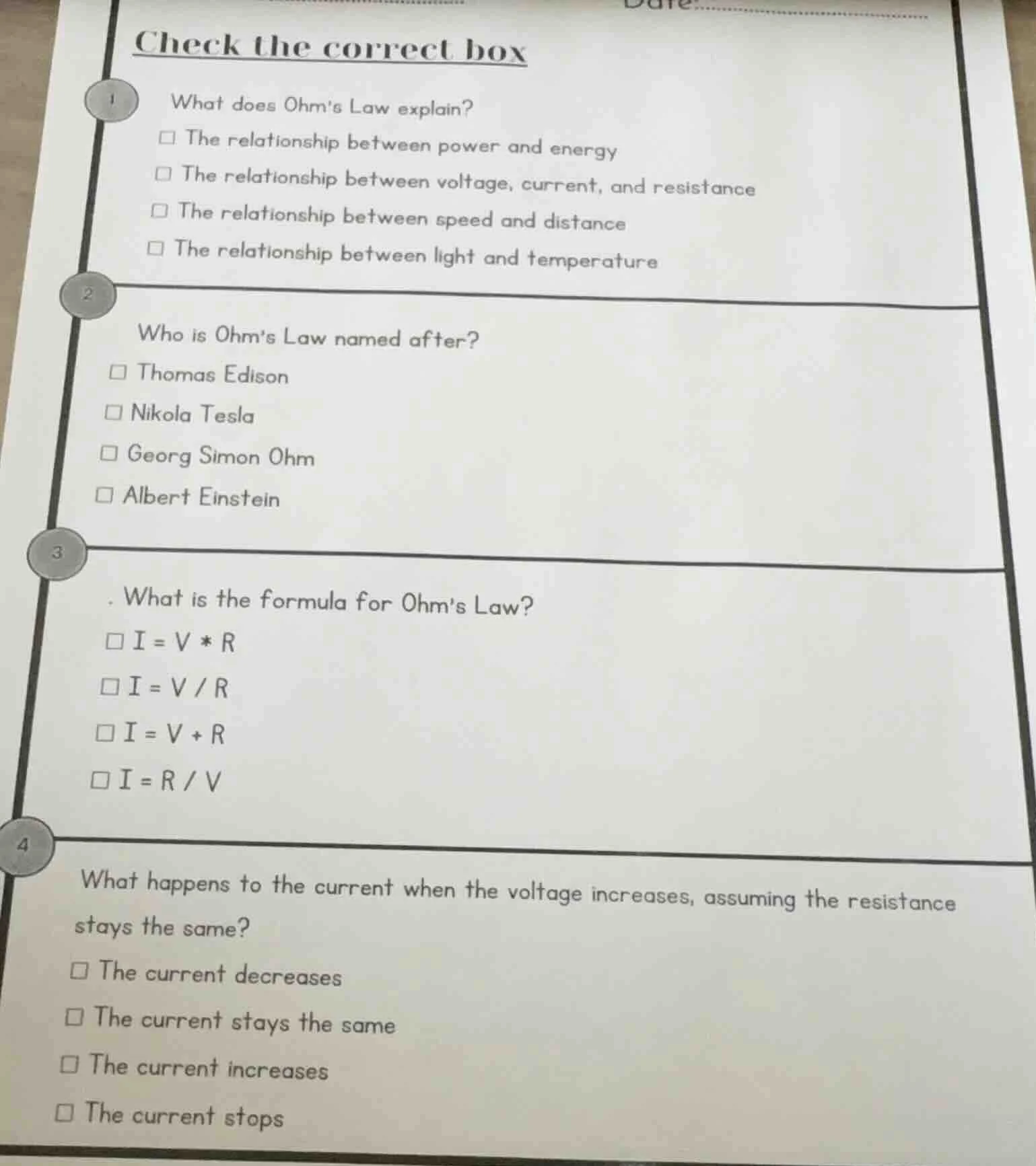 check the correct box 1 what does ohms law explain? □ the relationship …