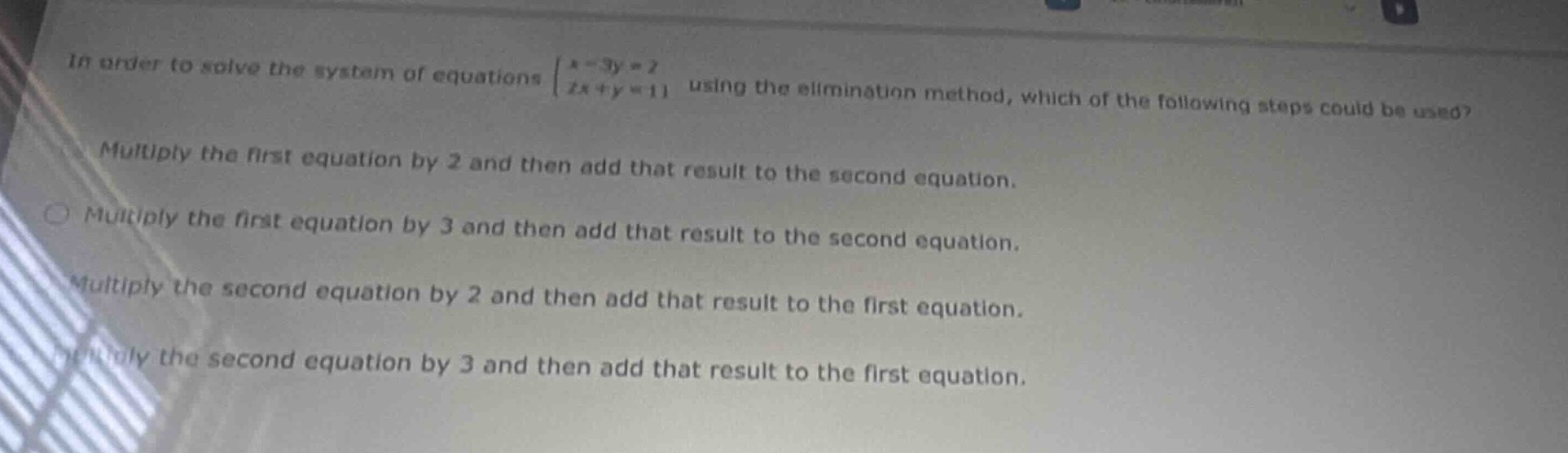 in order to solve the system of equations \\( \\begin{cases} x - 3y = 2…
