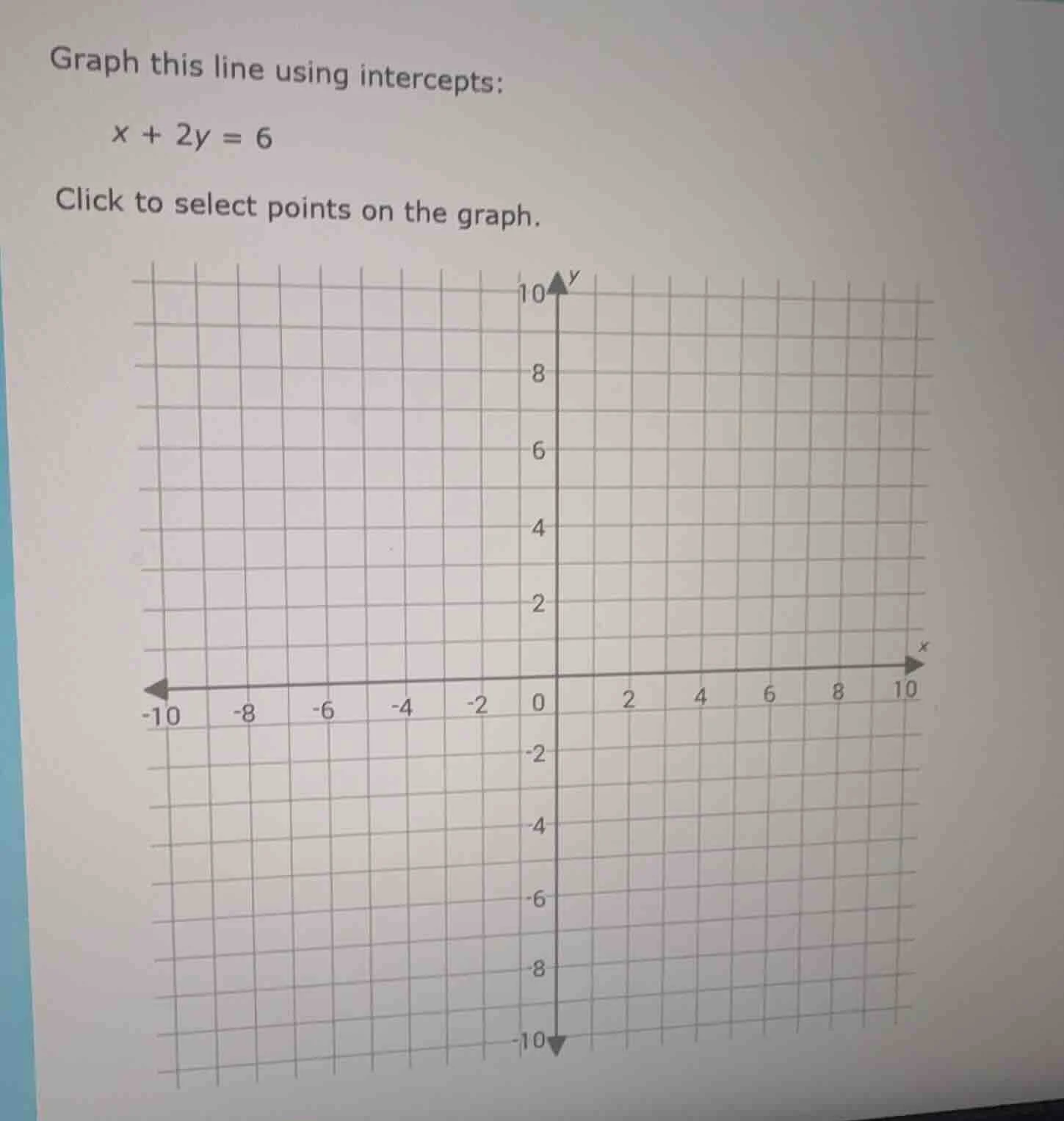 graph this line using intercepts; x + 2y = 6 click to select points on …