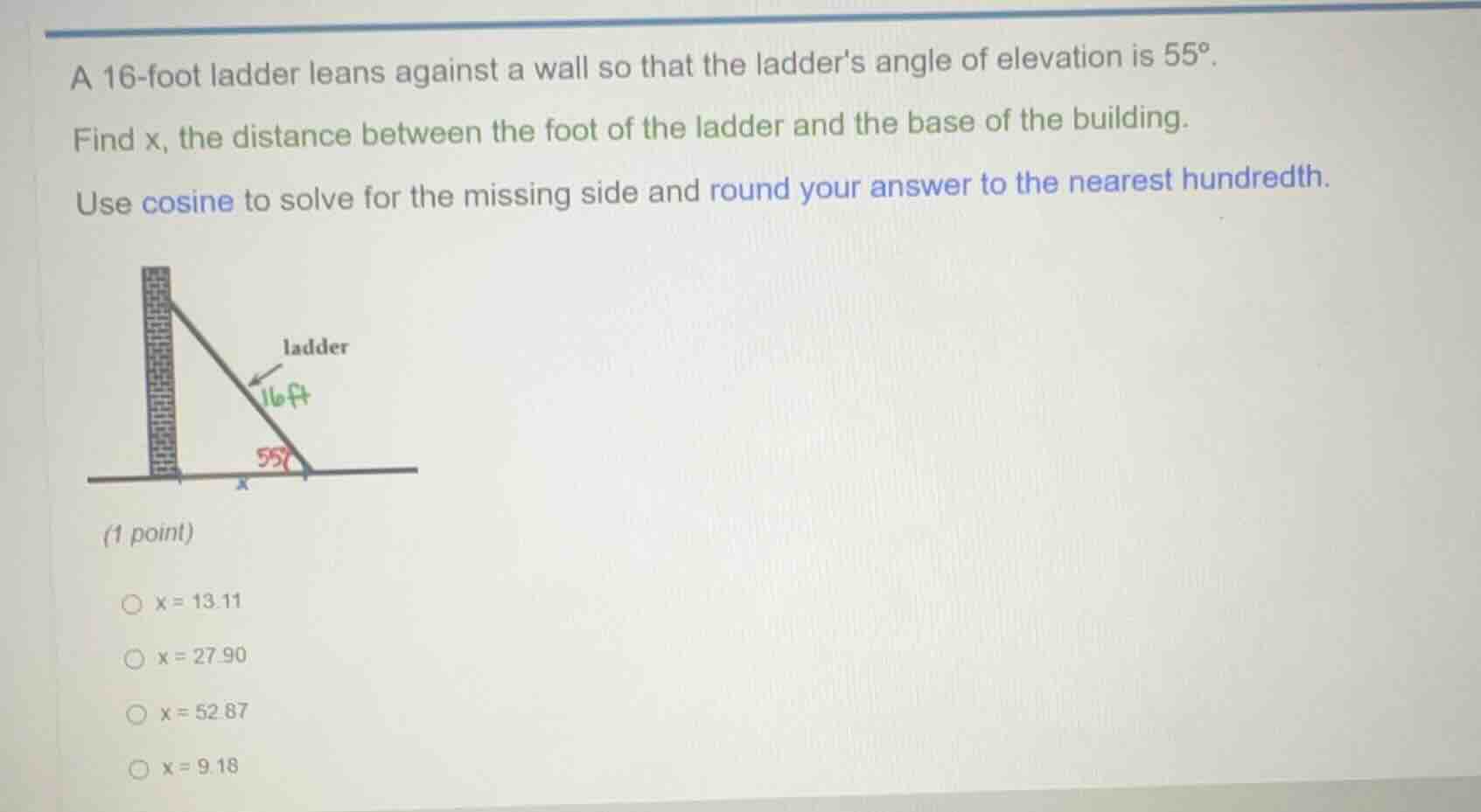 a 16-foot ladder leans against a wall so that the ladders angle of elev…