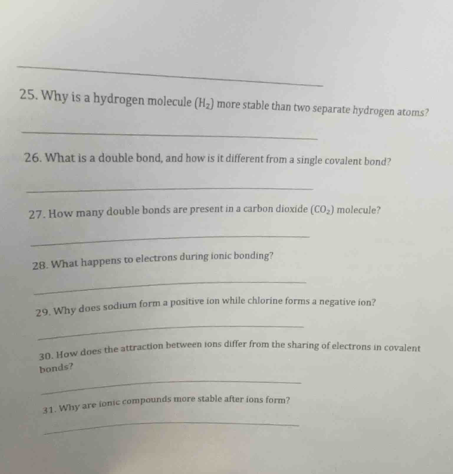 25. why is a hydrogen molecule (h₂) more stable than two separate hydro…