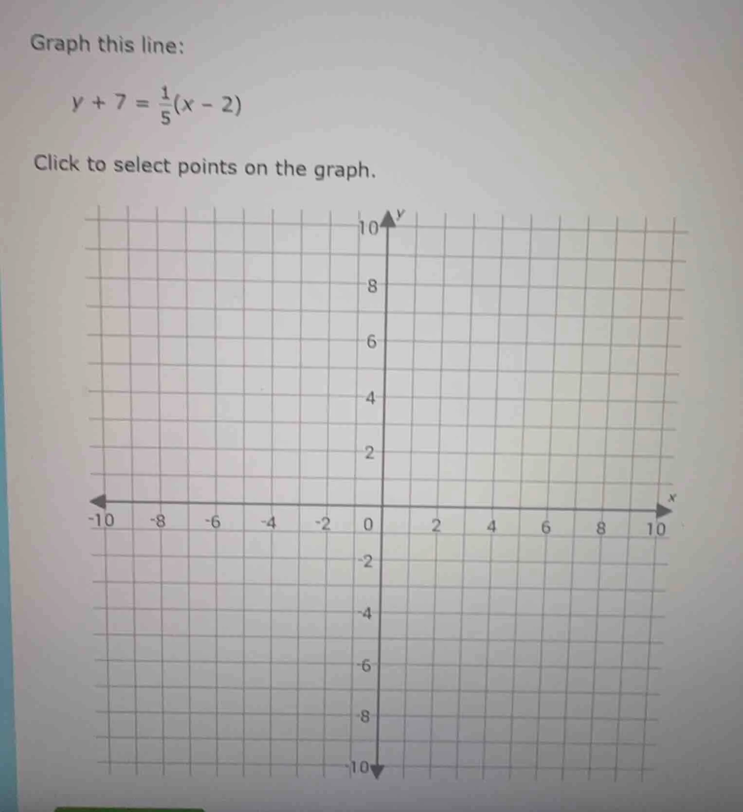 graph this line: $y + 7 = \\frac{1}{5}(x - 2)$ click to select points o…