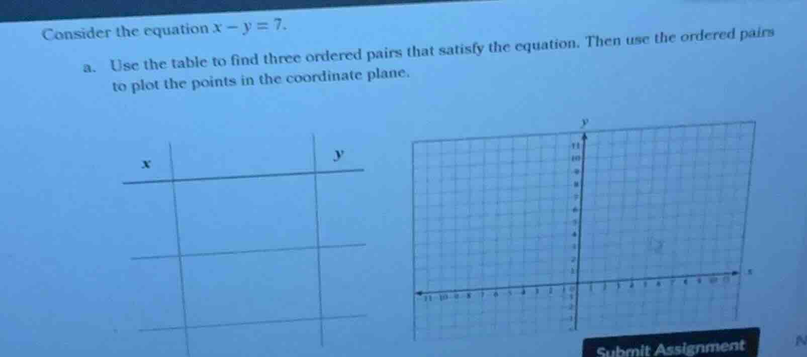 consider the equation $x - y = 7$. a. use the table to find three order…