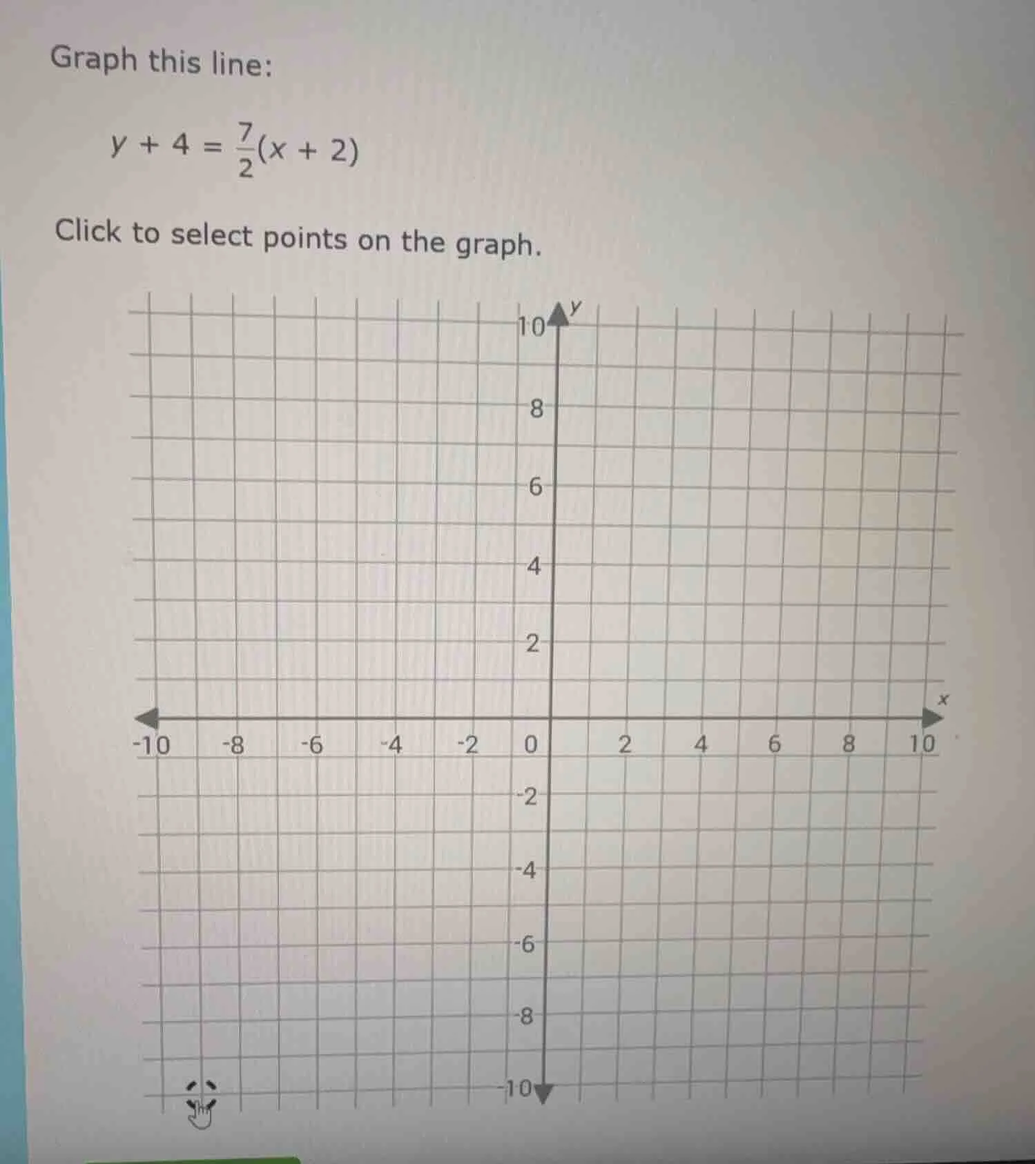 graph this line: $y + 4 = \\frac{7}{2}(x + 2)$ click to select points o…