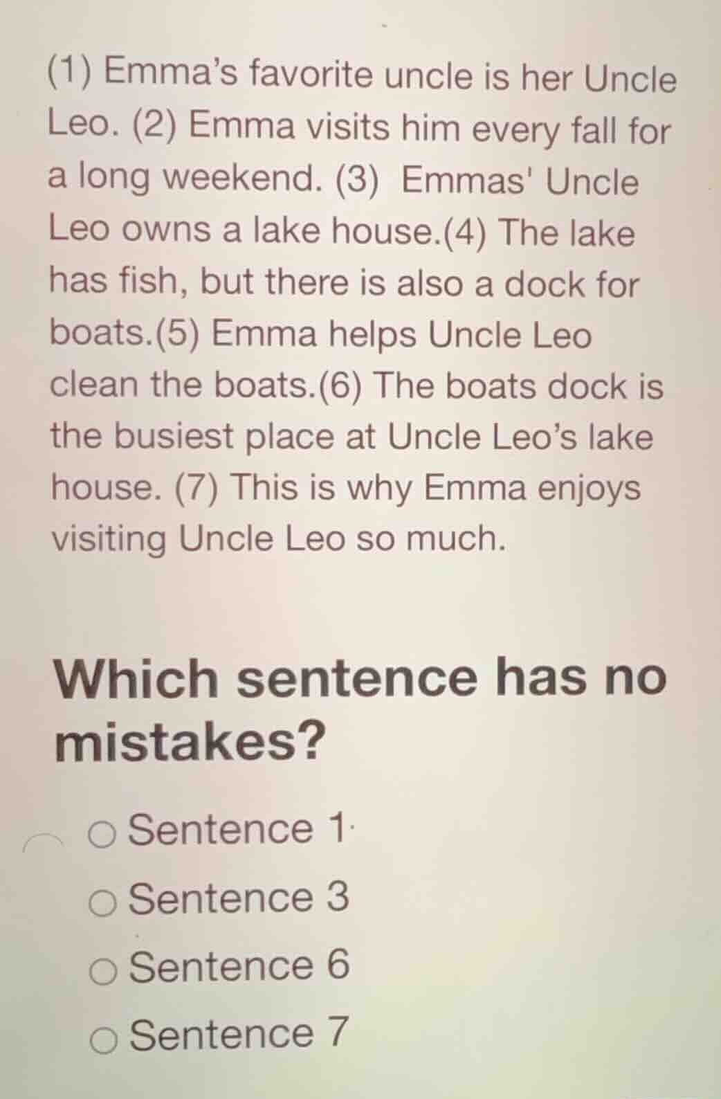 (1) emma’s favorite uncle is her uncle leo. (2) emma visits him every f…