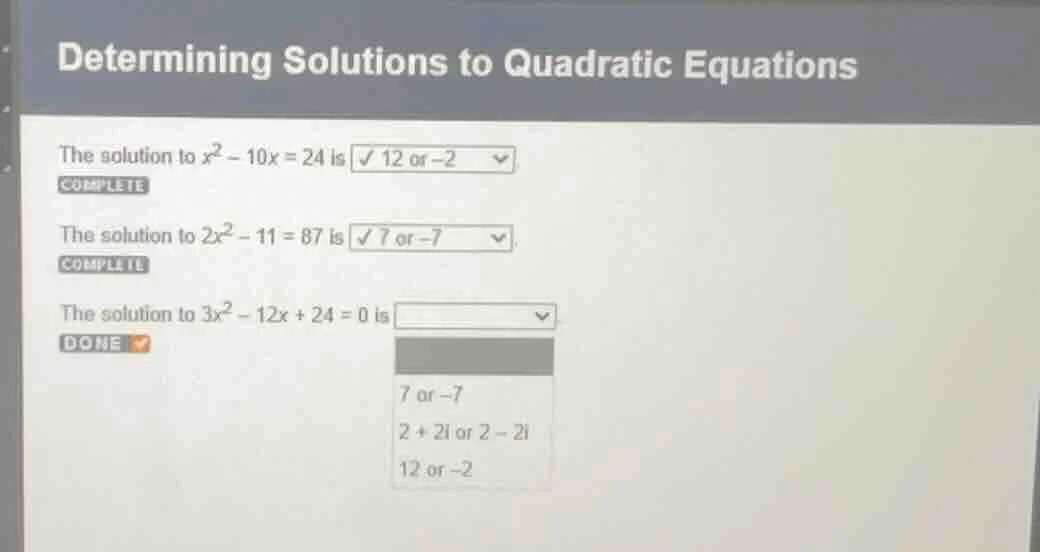 determining solutions to quadratic equations the solution to ( x^2 - 10…