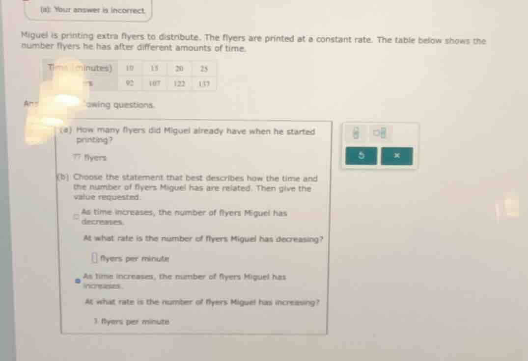 (a) your answer is incorrect. miguel is printing extra flyers to distri…