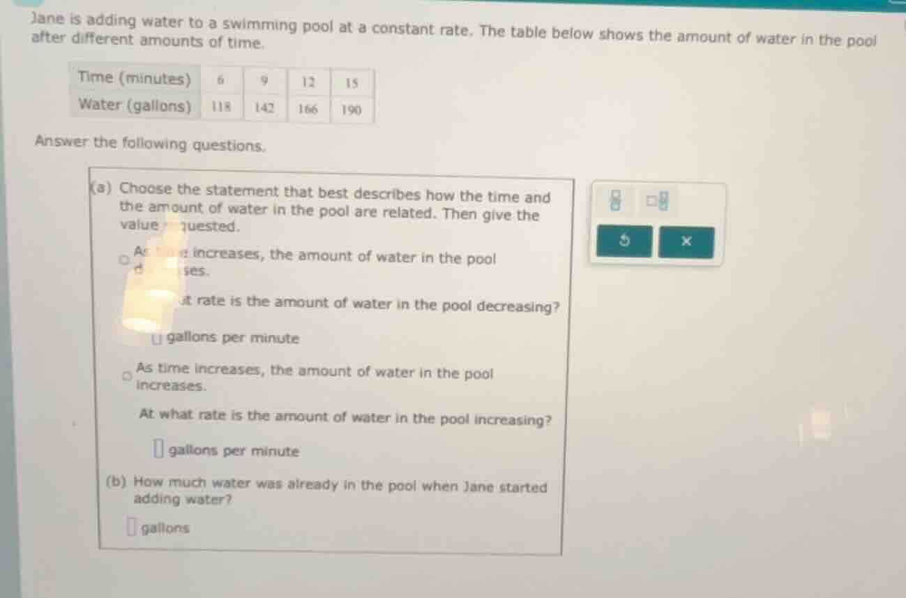 jane is adding water to a swimming pool at a constant rate. the table b…