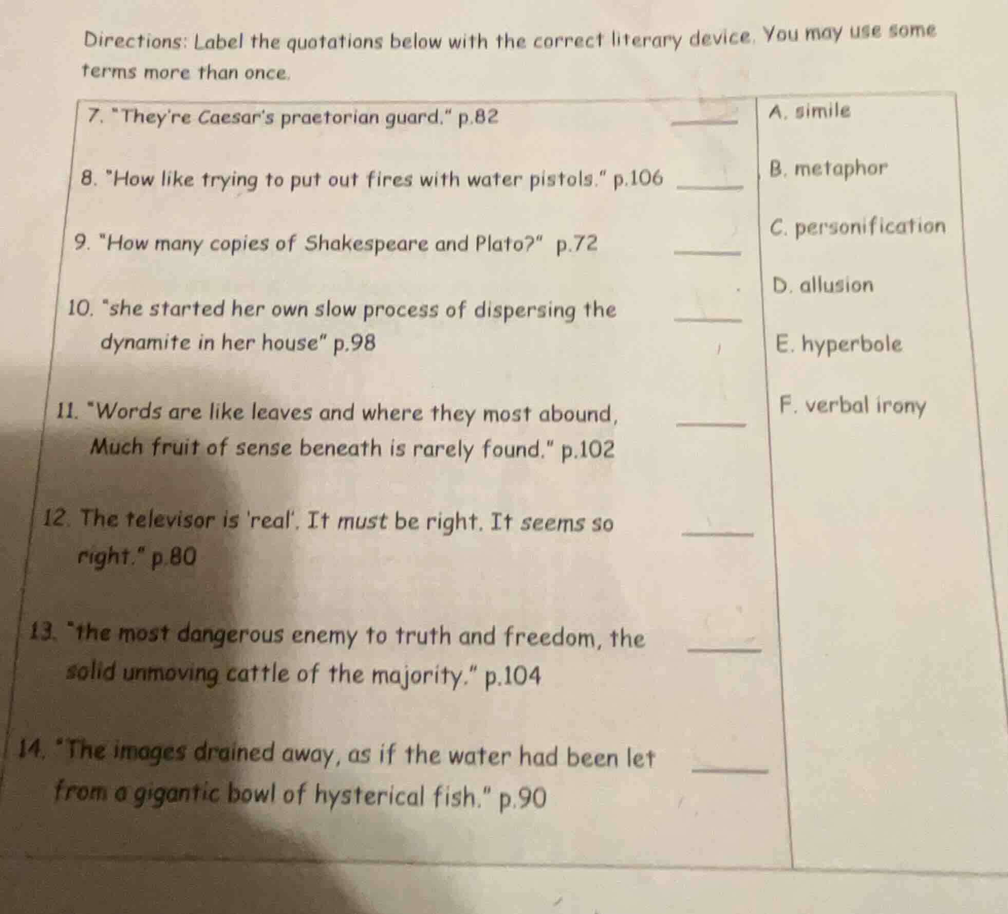 directions: label the quotations below with the correct literary device…