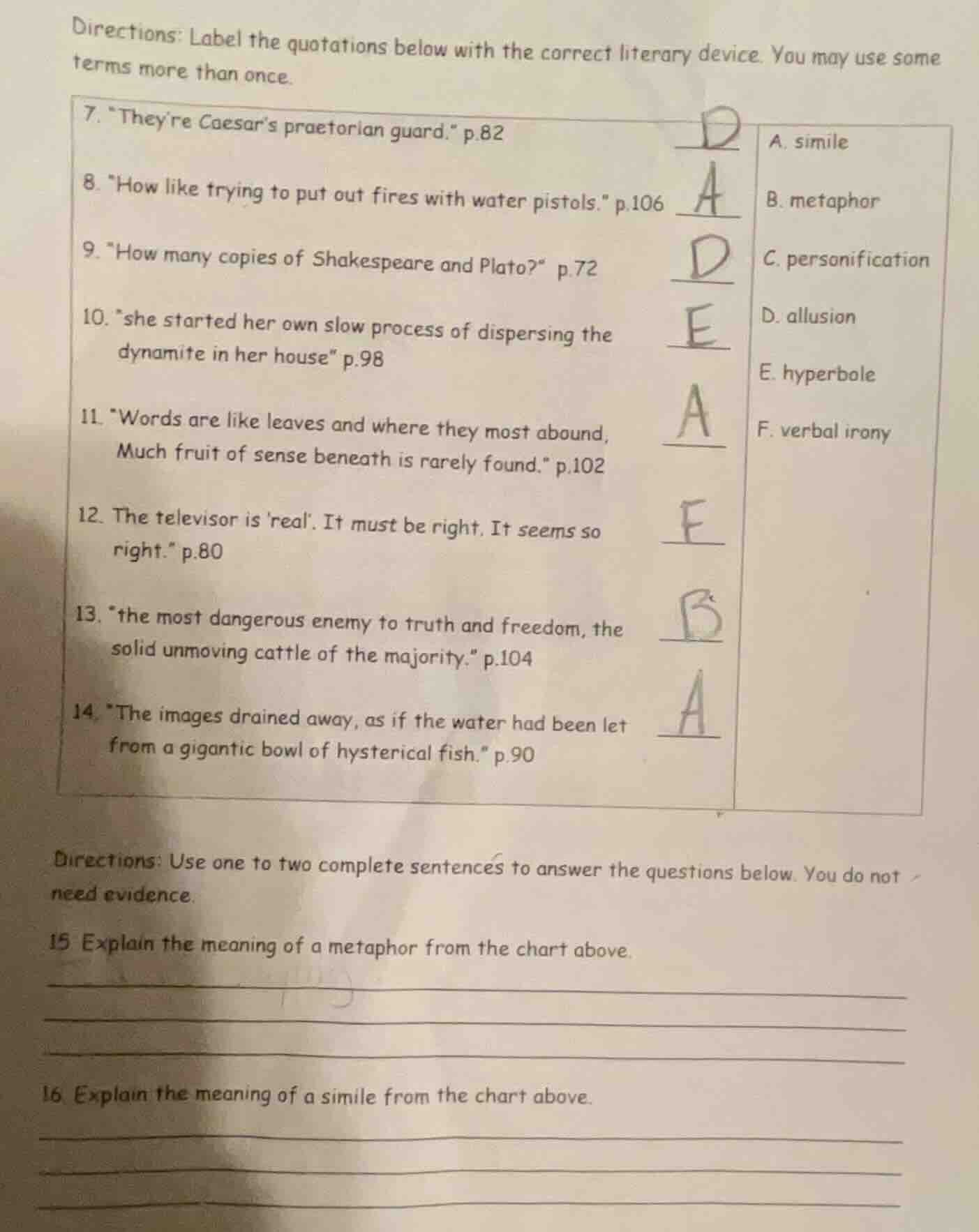 directions: label the quotations below with the correct literary device…