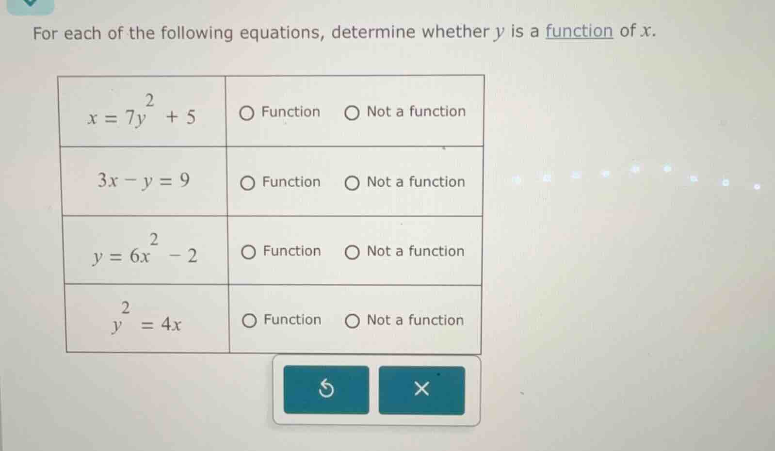 for each of the following equations, determine whether y is a function …