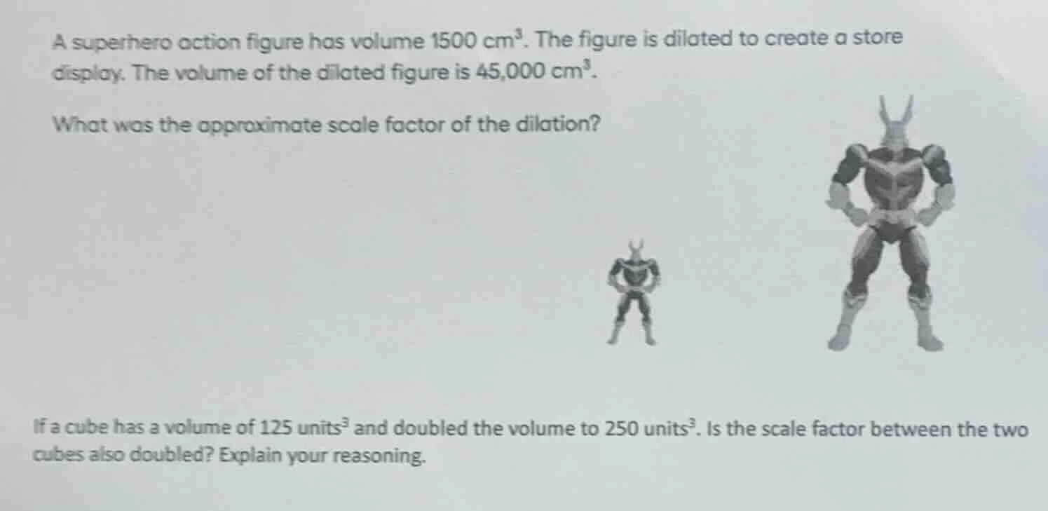 a superhero action figure has volume 1500 cm³. the figure is dilated to…