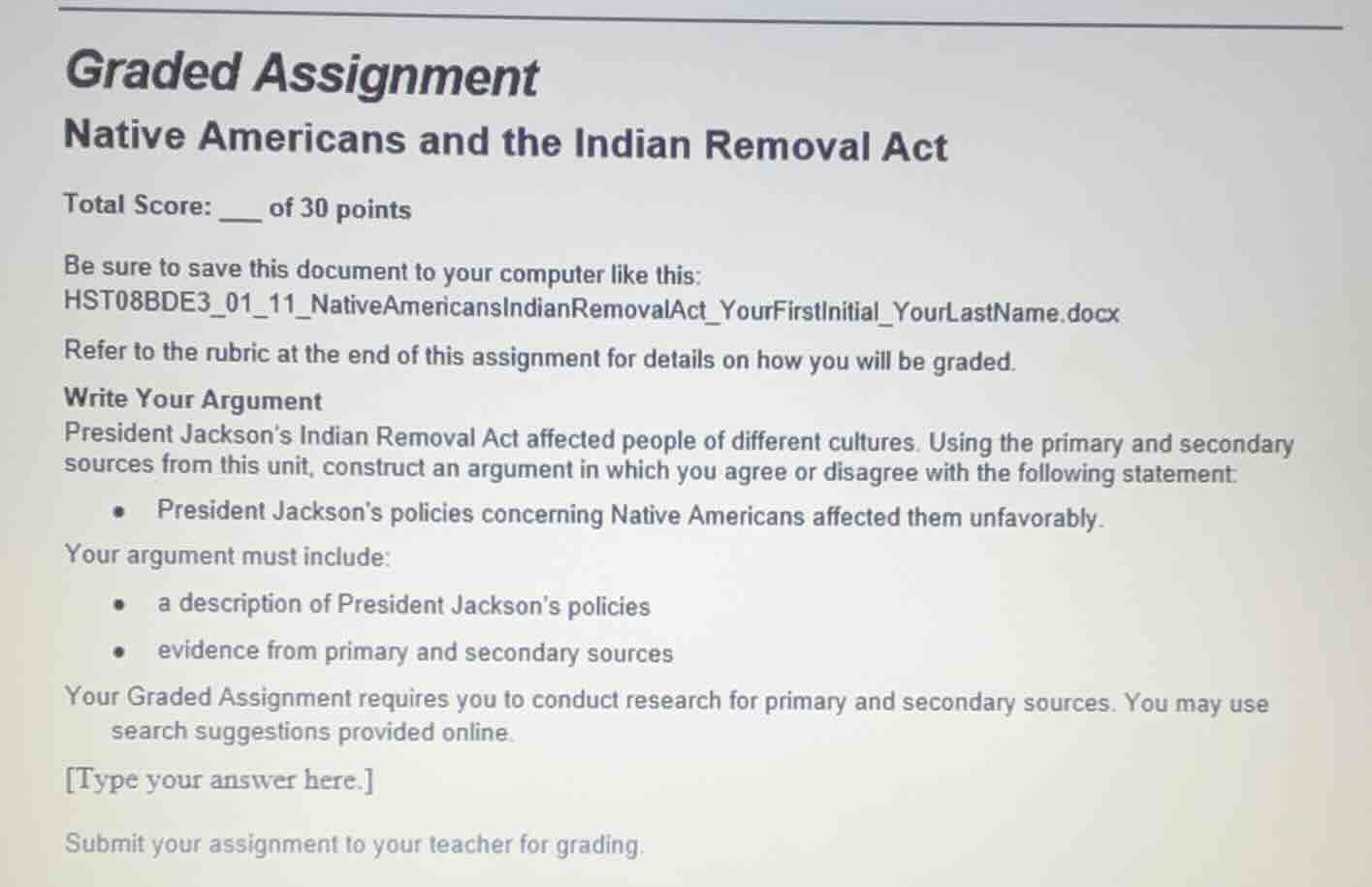 graded assignment native americans and the indian removal act total sco…