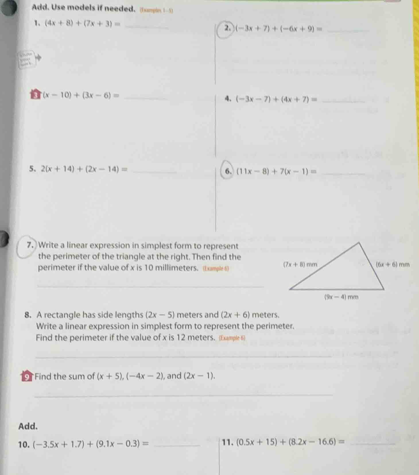 add. use models if needed. (examples 1-5) 1. $(4x + 8) + (7x + 3) = $ 2…