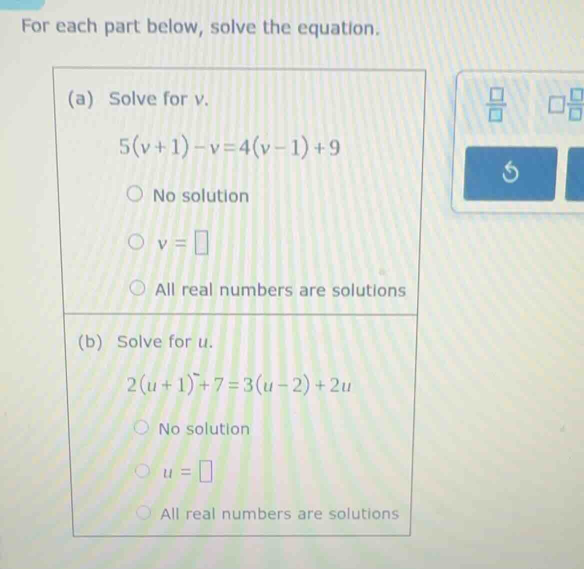 for each part below, solve the equation. (a) solve for v. 5(v + 1) - v …