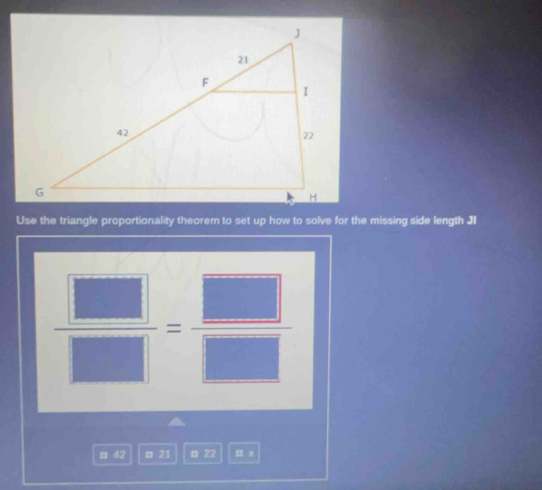 use the triangle proportionality theorem to set up how to solve for the…