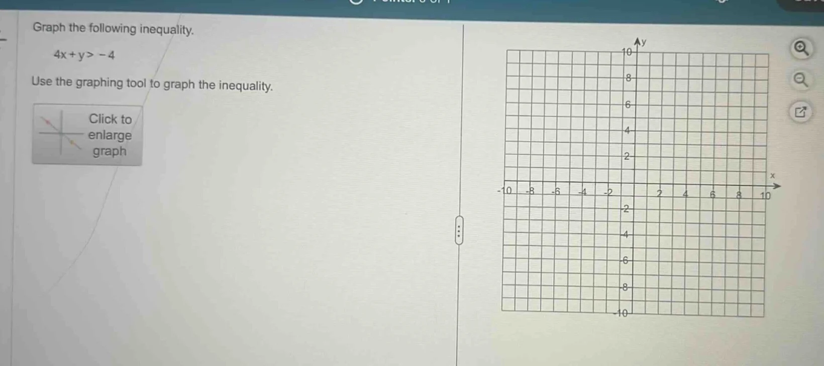 graph the following inequality. $4x + y > -4$ use the graphing tool to …