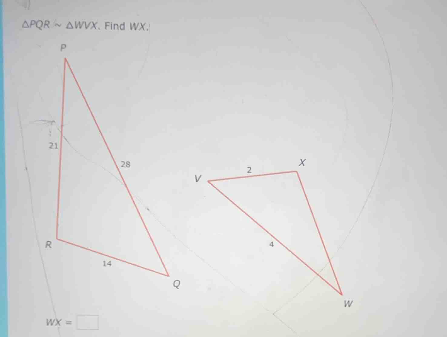$\\triangle pqr \\sim \\triangle wvx$. find $wx$.