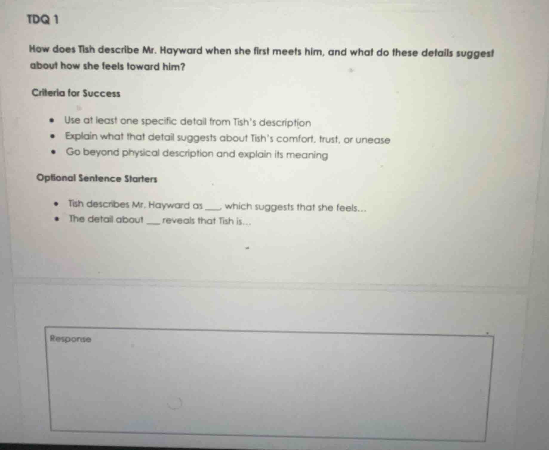 tdq 1 how does tish describe mr. hayward when she first meets him, and …