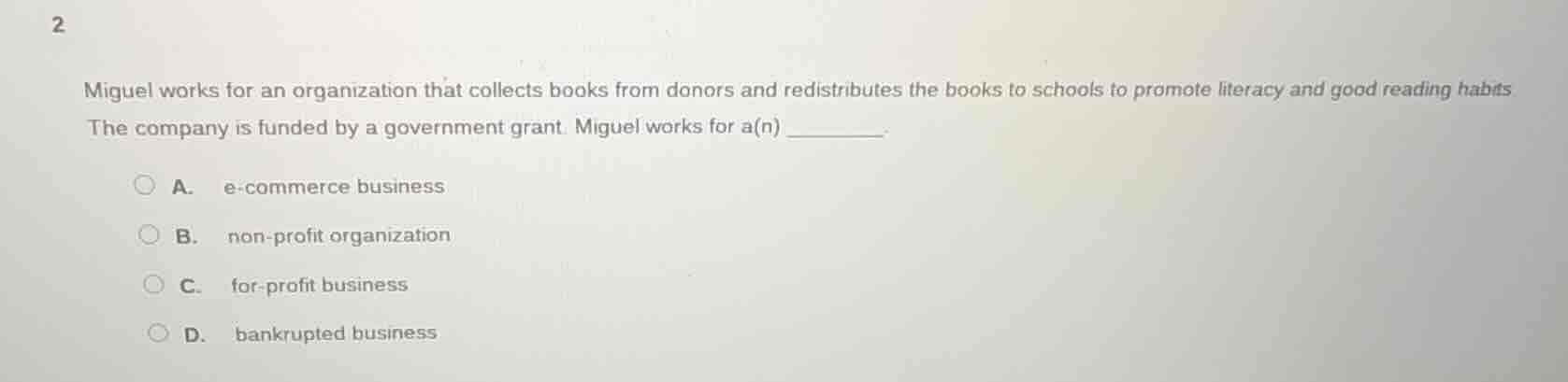2 miguel works for an organization that collects books from donors and …