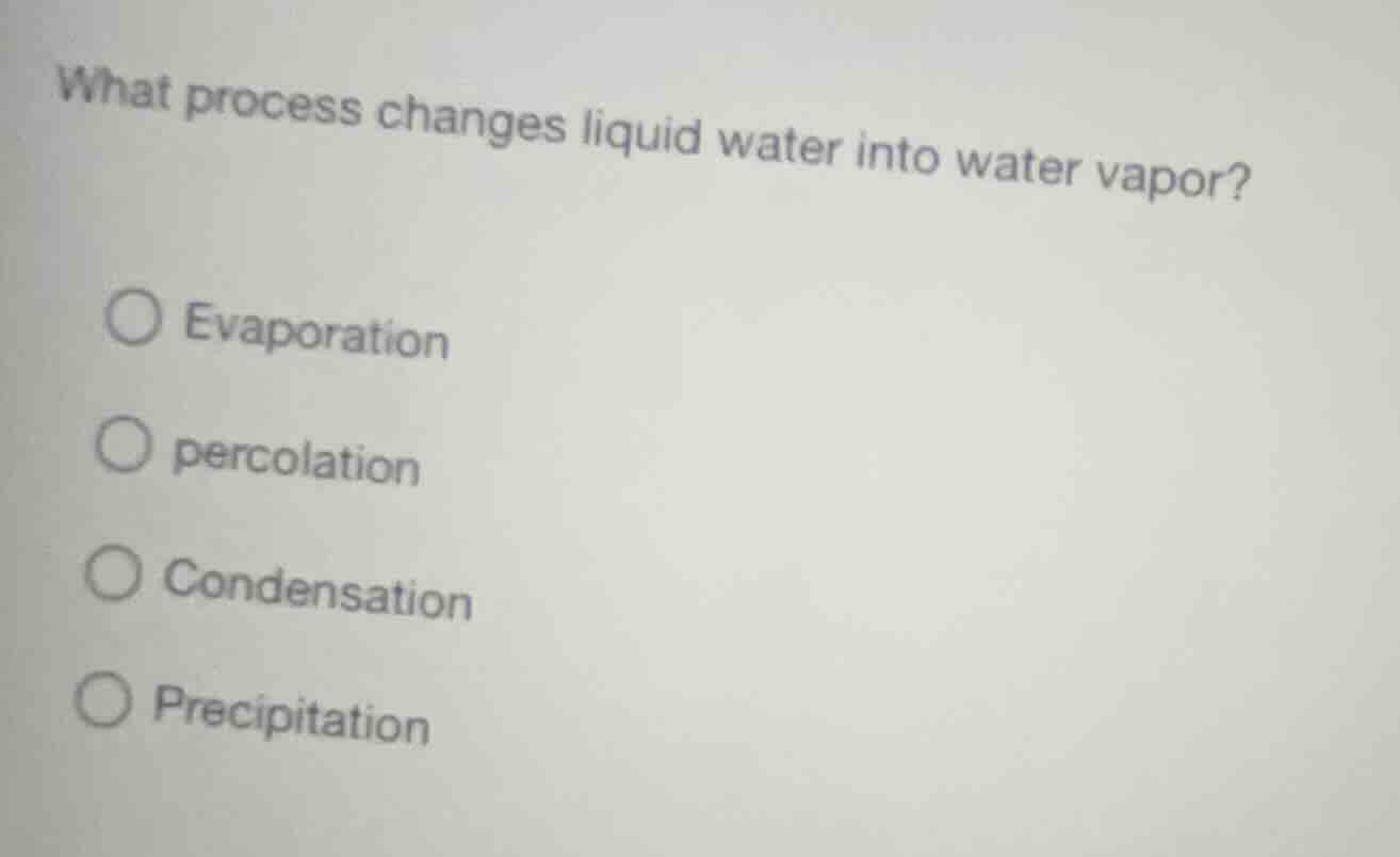 what process changes liquid water into water vapor? ○ evaporation ○ per…