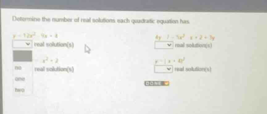 determine the number of real solutions each quadratic equation has. y =…