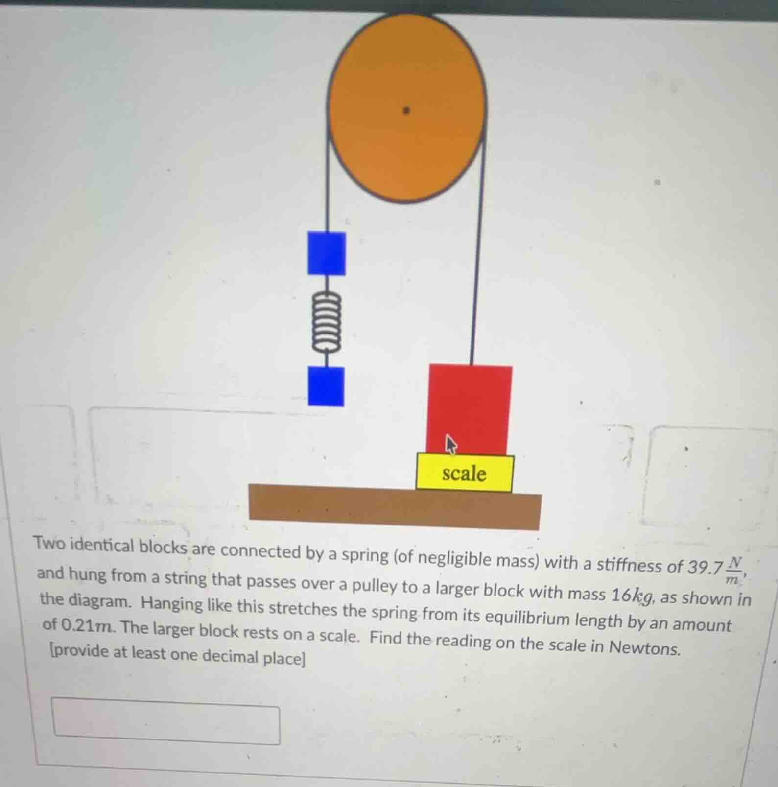 two identical blocks are connected by a spring (of negligible mass) wit…