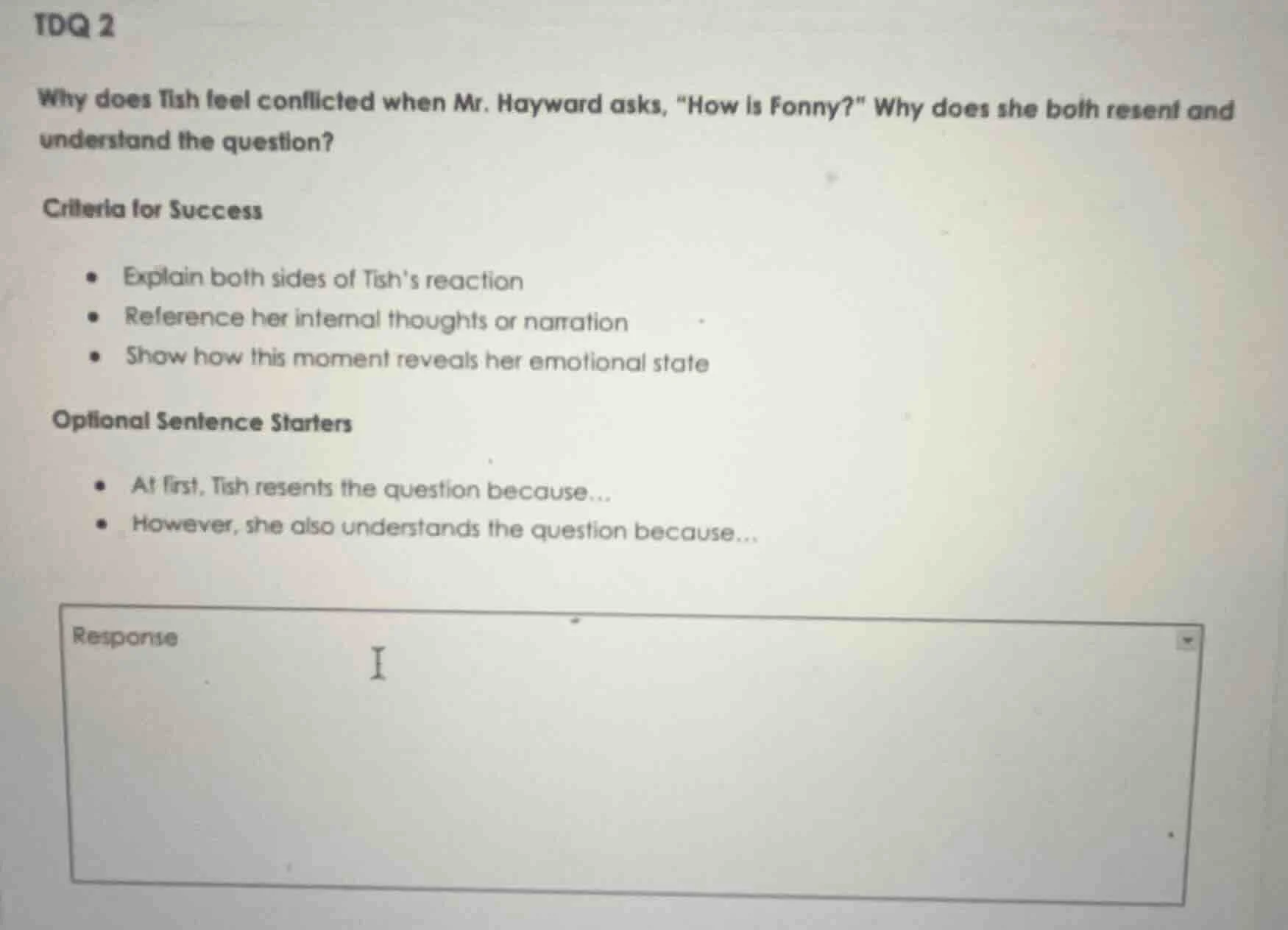 tdq 2 why does tish feel conflicted when mr. hayward asks, \how is fonn…