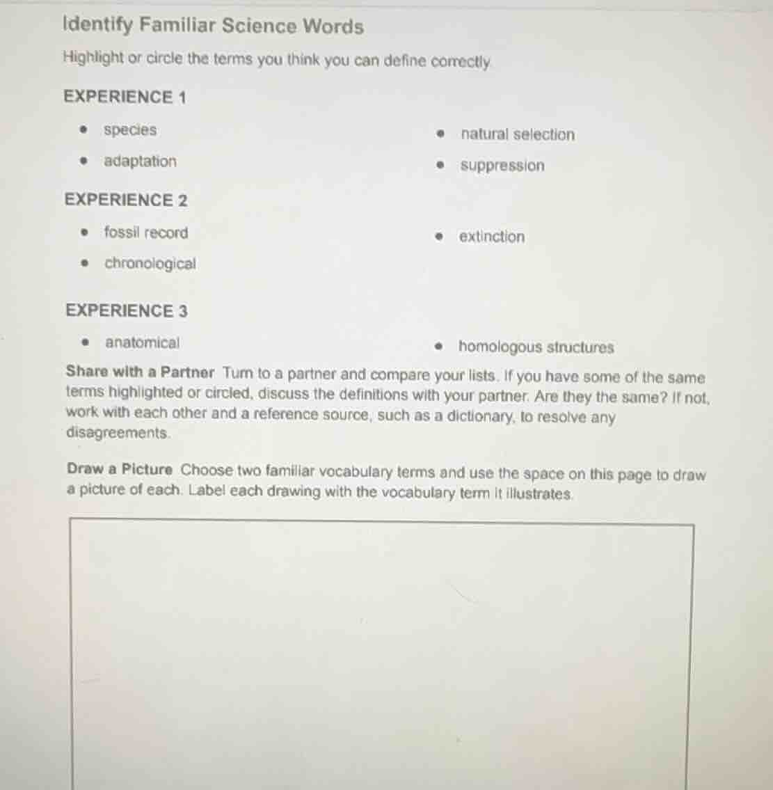 identify familiar science words highlight or circle the terms you think…