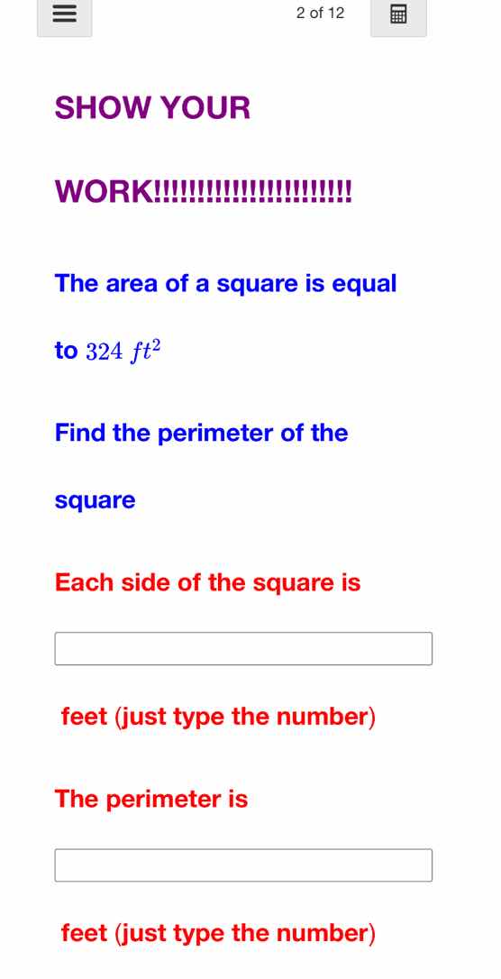 show your work!!!!!!!!!!!!!!! the area of a square is equal to $324\\ f…