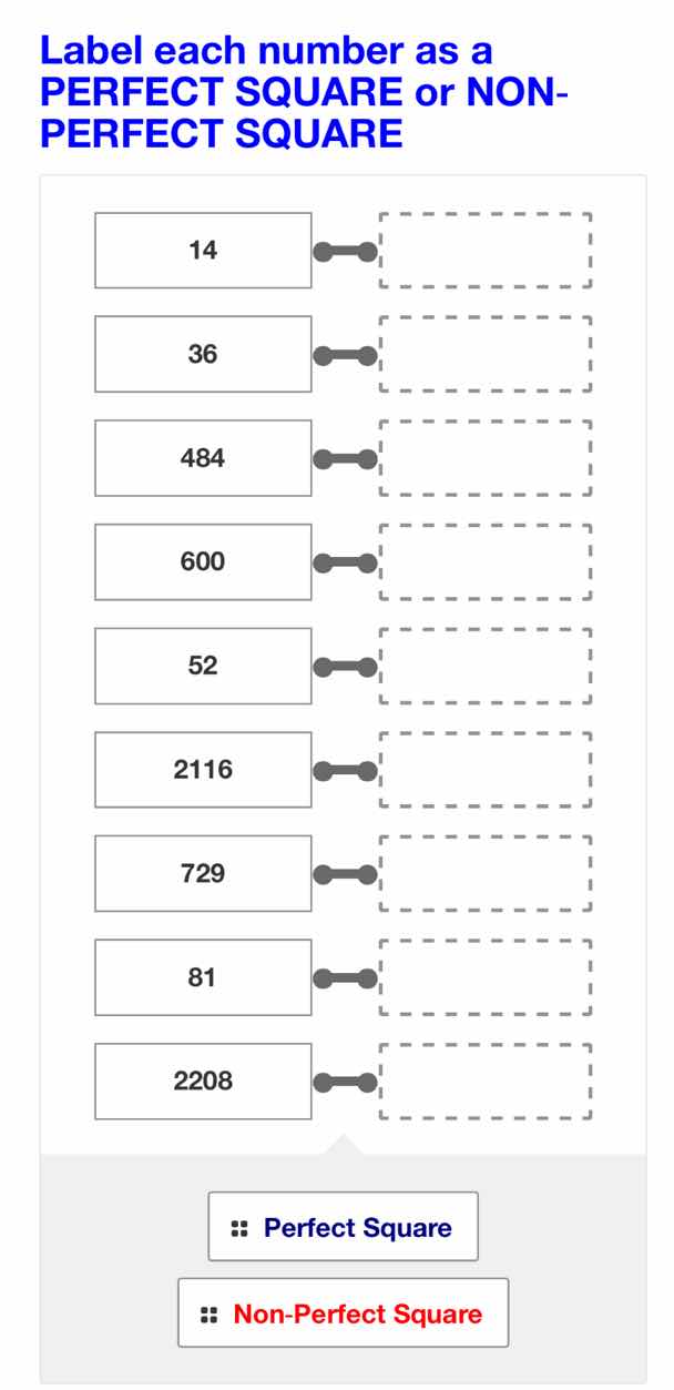 label each number as a perfect square or non-perfect square 14 36 484 6…