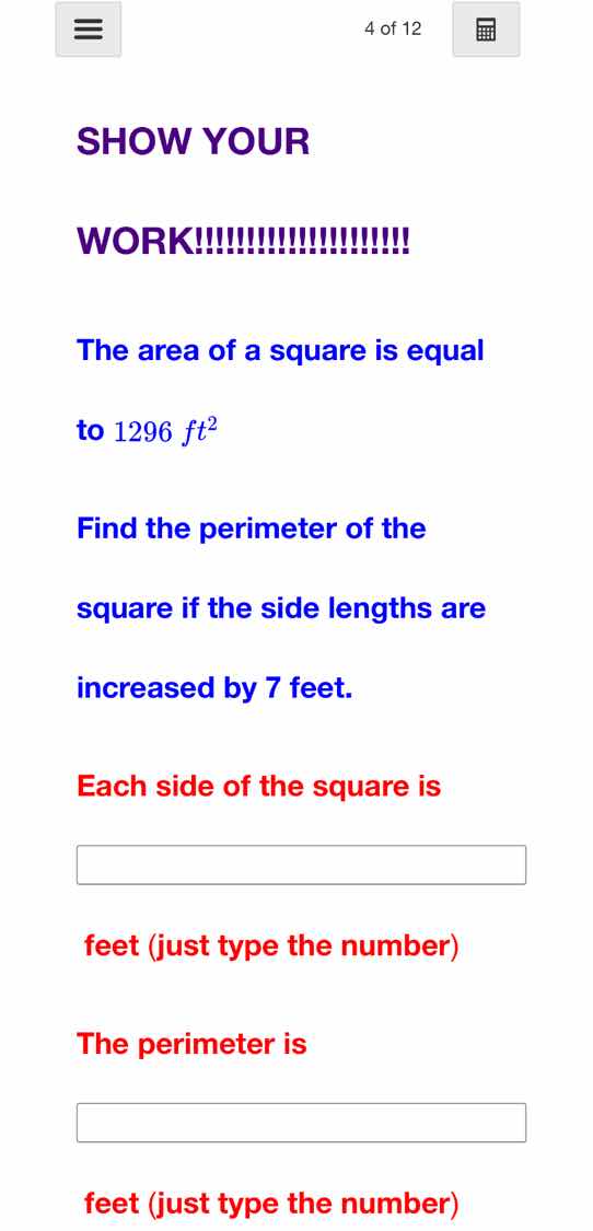 show your work!!!!!!!!!!!!!!! the area of a square is equal to 1296 $ft…