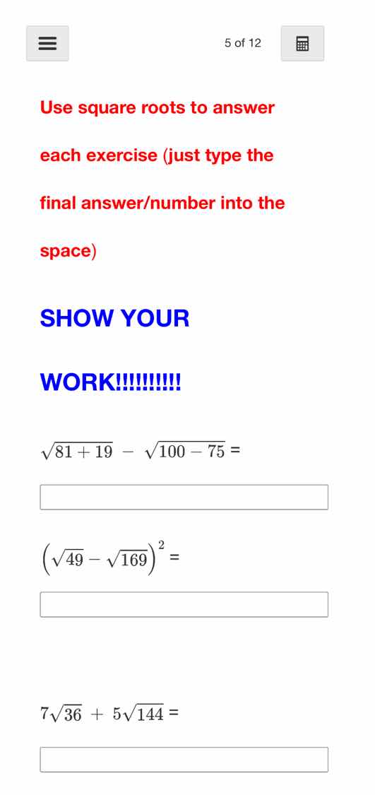 use square roots to answer each exercise (just type the final answer/nu…