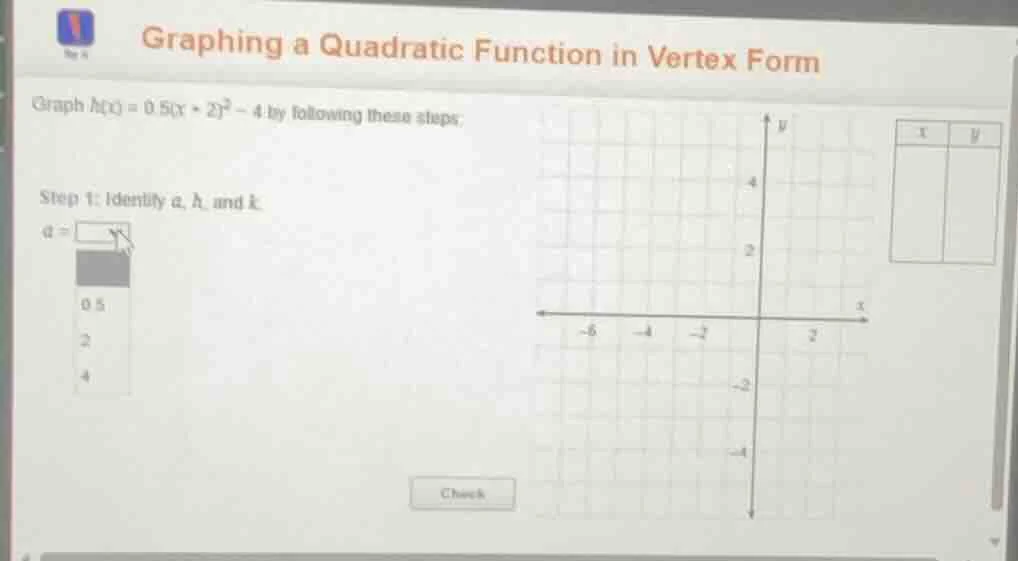 graph ( h(x) = 0.5(x + 2)^2 - 4 ) by following these steps: step 1: ide…